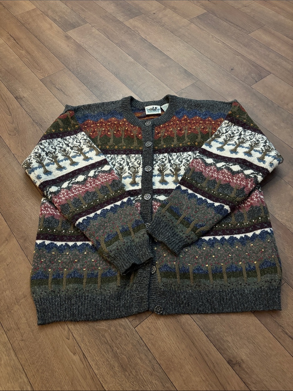Vtg Northern Reflections Cardigan Sweater Women Forest Multicolor Nordic Knit XL